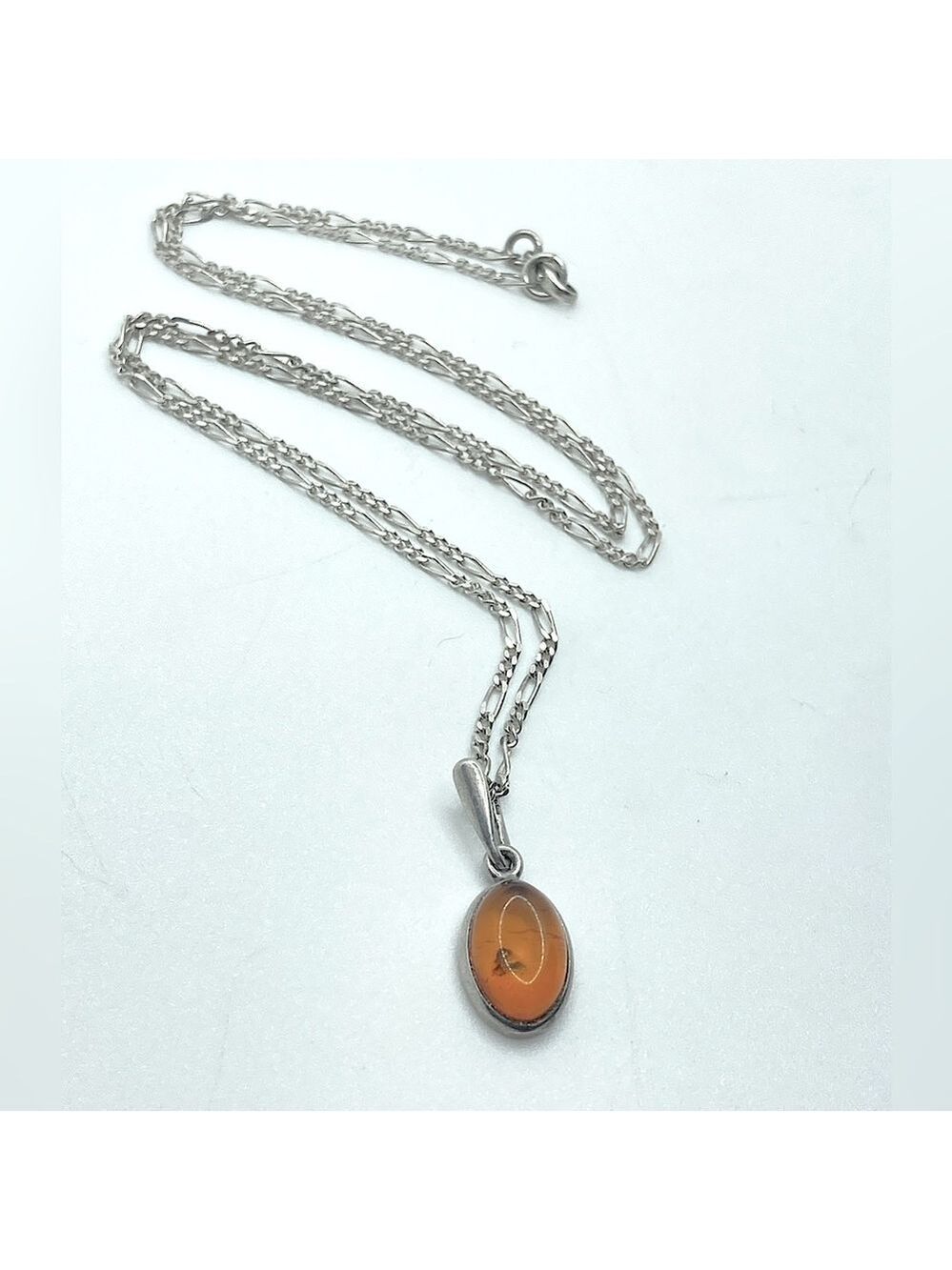 VTG Sterling Amber Pendant & Figaro Link Chain 18” & 1”